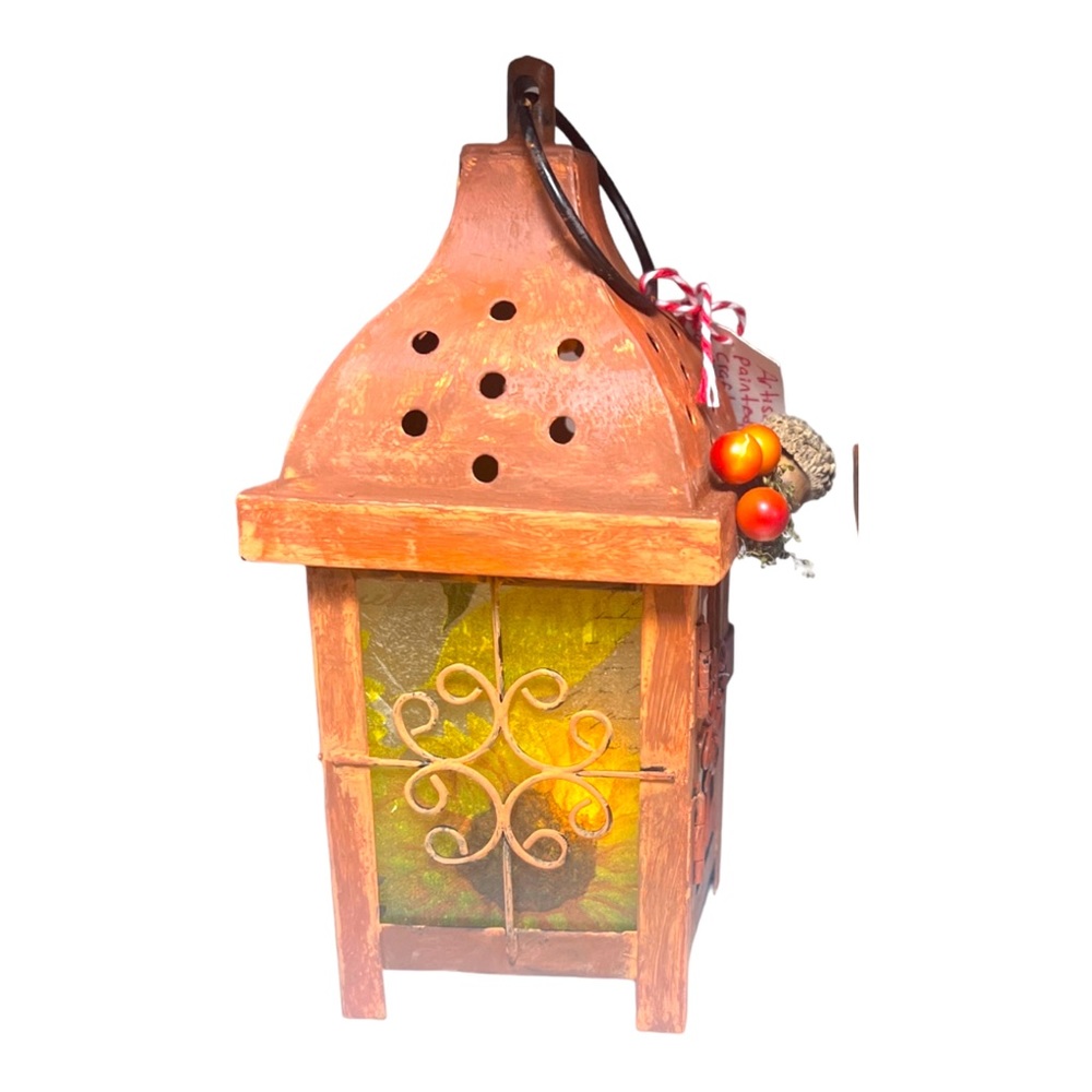 Hand Crafted Decoupaged and Hand-Painted Candle Metal Lantern Candle Holder - Picture 8 of 14